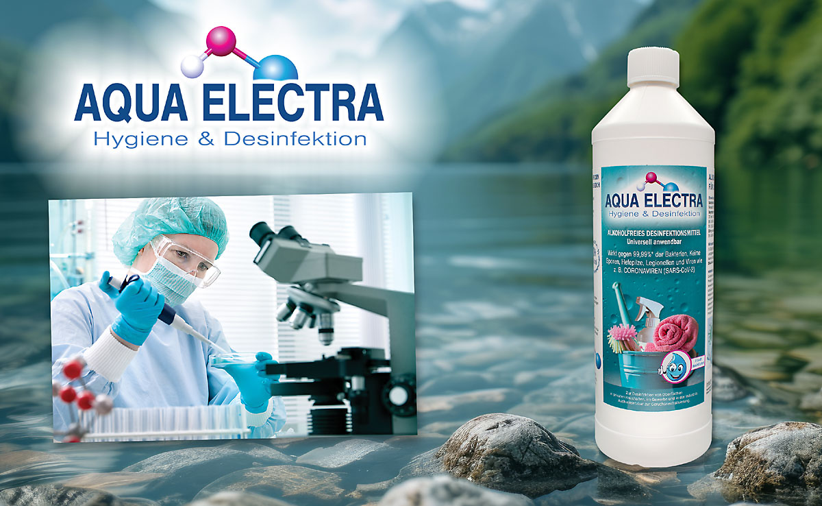 Alkoholfreies naturidentisches Desinfektionmittel von Aqua Electra, geprüft in deutschen Fachlaboren