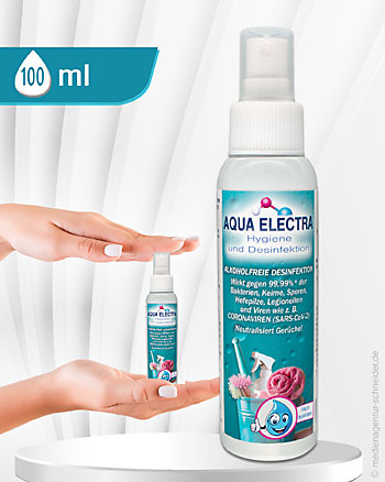 100 ml Sprühflasche mit alkoholfreiem Desinfektionsmittel für unterwegs - www.aqua-electra-shop.de