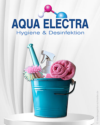 Eimer mit Putzutensilien mit alkoholfreiem Desinfektionsmittel vom Hersteller Aqua Electra