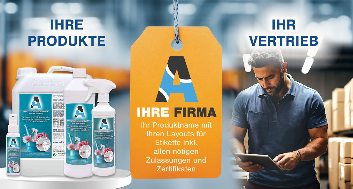 Alkoholfreie Desinfektionsmittel und Lagermitarbeiter der mit Klemmbrett die Ware prüft