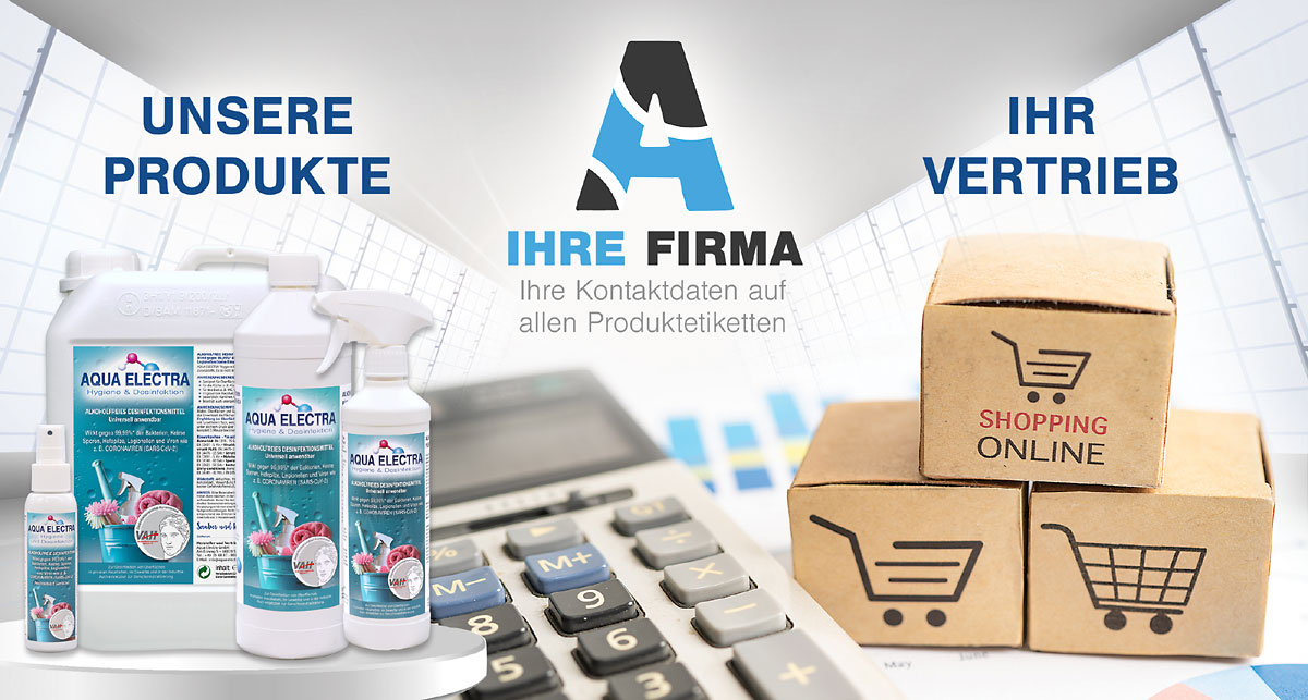 Alkoholfreie Desinfektionsmittel mit Taschenrechner und drei Pakete für Online-Shopping