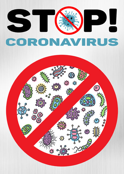 Stop Coronavirus mit einem roten Verbotskennzeichen und durchgestrichenen Viren